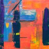 Colorful abstract painting with vivid hues and bold brushstrokes create a dynamic composition.